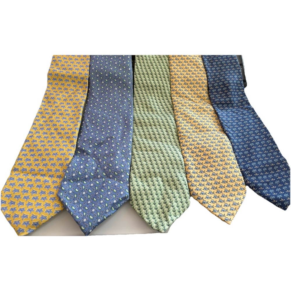 Vineyard Vines Tie Lot 5 Fish Anchor Nautical Palm Tree Hook Blue‎ Yellow Green